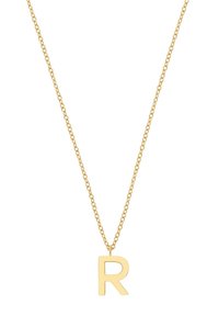 Kuldtooniga kaelakee, millel on õhuke kett ja suur, suurtähega kiri "R" ripats, millel on sile, poleeritud pind ja ümarad servad.