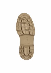 Semelle de chaussure en caoutchouc de couleur beige clair avec un motif de semelle, comportant de profondes rainures pour l'adhérence et un design circulaire au talon. Taille 37.