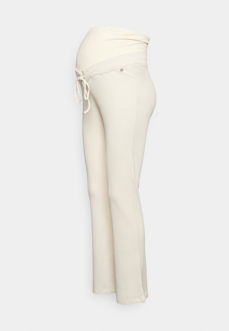 Calças de maternidade creme com textura canelada, cintura elástica, fecho de cordão e design de perna alargada. Toque suave e ajuste casual.