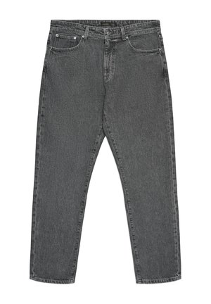 Jean droit en denim gris foncé avec bouton sur le devant, fermeture éclair, passants de ceinture et cinq poches, posé à plat sur fond blanc.