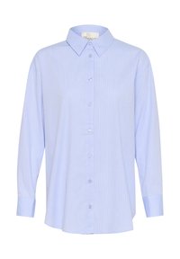 Light blue button-up shirt with a classic collar, long sleeves, and vertical white stripes; features clear buttons and a relaxed fit.