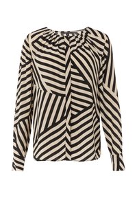 Blusa a maniche lunghe nera e beige con motivo a righe angolari, scollo arricciato e orlo dritto, realizzata in tessuto leggero.