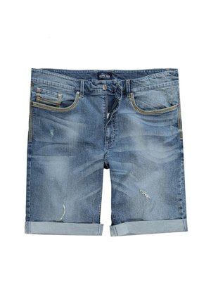 Hellblaue Jeansshorts mit verwaschenen Details, umgeschlagenen Säumen und kontrastierender gelber Naht an Taschen und Nähten.