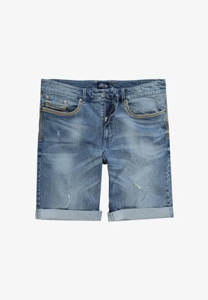 Lysblå denimshorts med slidte detaljer, opfoldede kanter og kontrasterende gule syninger på lommer og sømme.