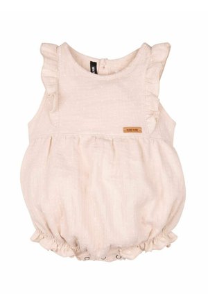 Hellrosa ärmelloser Baby-Strampler mit gerafften Schultern, elastischen Beinöffnungen und einem kleinen "PURE PURE" Etikett auf der Brust.