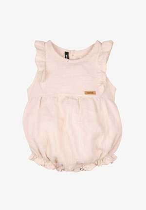 Barboteuse bébé rose clair sans manches avec épaules à volants, ouvertures élastiques aux jambes et une petite étiquette "PURE PURE" sur la poitrine.