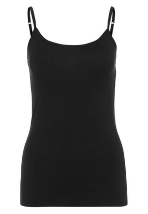 Svart camisole med tunna band, tillverkad av mjukt tyg. Har en figurnära design och en slät yta, lämplig för lager-på-lager styling.