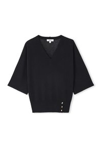 Pull noir en V fabriqué à partir d'un matériau doux, doté de manches courtes et de trois boutons dorés sur le côté gauche près de l'ourlet.