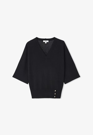 Maglione nero a scollo a V realizzato in un materiale morbido, con maniche corte e tre bottoni dorati decorativi sul lato sinistro vicino all'orlo.
