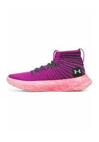Purple high-top athletic shoe with a textured knit upper, black stripes, and a pink rubber sole featuring a wavy pattern and brand logo.
