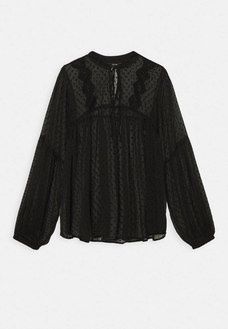 Blouse noire à manches longues en tissu transparent avec des points texturés, col rond et détails en dentelle aux épaules et au dos. Taille froncée.