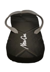 Black flip-flop with a textured sole, gray rubber straps, and "New One" logo in white. Features a geometric pattern on the footbed.