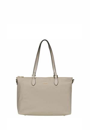 Beige synthetic tote bag with two black-accented handles and gold-tone hardware. Features a zip closure and a smooth, textured surface.