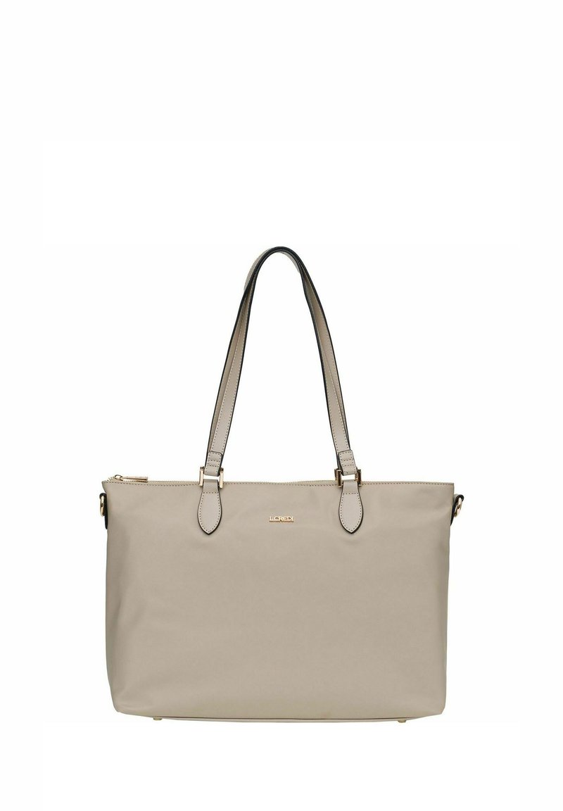 Borsa tote sintetica beige con due manici accentati in nero e dettagli in metallo dorato. Presenta una chiusura Zip e una superficie liscia e texture.