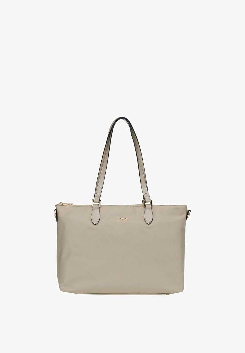 Borsa tote sintetica beige con due manici accentati in nero e dettagli in metallo dorato. Presenta una chiusura Zip e una superficie liscia e texture.