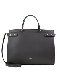 Musta Furla-nahkalaukku, jossa on yläkahvat, irrotettava olkahihna ja kultasävyinen metallivarustus.