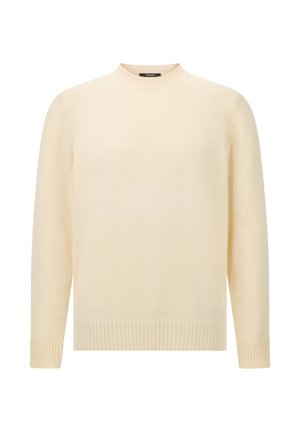 Strickpullover in Cremefarbe mit rundem Ausschnitt, gerippten Bündchen und Saum. Weiche Textur mit lockerem Sitz. Keine sichtbaren Muster oder Verzierungen.