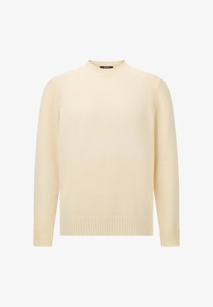 Strickpullover in Cremefarbe mit rundem Ausschnitt, gerippten Bündchen und Saum. Weiche Textur mit lockerem Sitz. Keine sichtbaren Muster oder Verzierungen.