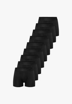 Black boxer briefs in a pack of ten, featuring a soft, elastic waistband with embossed branding. Made from smooth, stretchable fabric.
