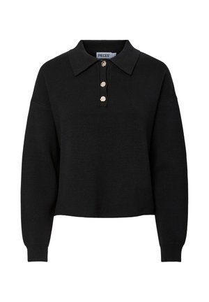 Czarny sweter z dzianiny z długim rękawem, kołnierzem i trzema ozdobnymi złotymi guzikami na krótkiej plisie z przodu.