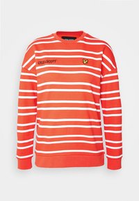 Sudadera de rayas rojas y blancas con cuello redondo, que presenta un logotipo bordado en el lado izquierdo del pecho y puños acanalados. Textura de tela suave.