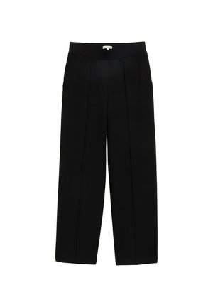 Schwarze, weit geschnittene Hosen mit Falten, aus glattem Stoff. Verfügt über Taschen vorne und einen elastischen Bund für zusätzlichen Komfort. Einfaches, modernes Design.