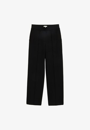 Pantaloni neri a gamba larga con pieghe, realizzati in tessuto morbido. Presentano tasche frontali e una vita elastica per il massimo comfort. Design semplice e moderno.