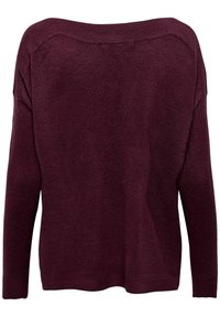 Burgunderfarbener Strickpullover mit weitem Ausschnitt, langen Ärmeln und gerippten Bündchen. Weiche Textur mit lockerer Passform und minimalem Design.