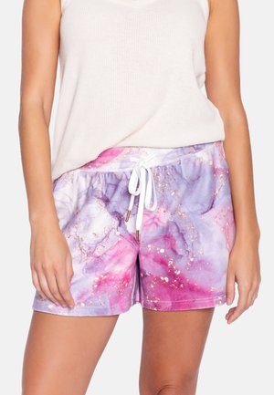 Shorts à motifs marbrés violets et roses avec une taille élastique et un cordon blanc, arborant des paillettes dorées et une texture de tissu douce.