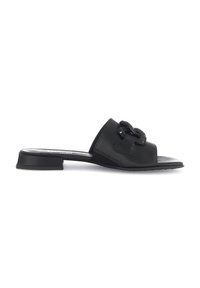 Zwarte leren slidesandalen met een gladde textuur, open teen, lage blokhak en decoratieve gestructureerde banddetails.