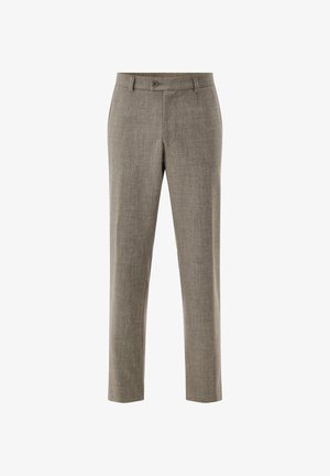 Light brown, tailored trousers made from a textured fabric. Features a button closure, belt loops, and straight leg design.