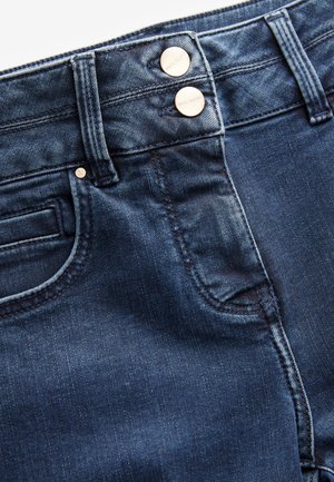 Mørkeblå denimjeans med en glat tekstur, der har to metalknapper i taljen og et standard lomme-design. Finesyning detaljer.