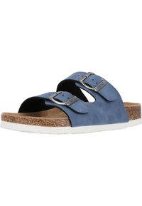 Blaue Wildleder-Sandalen mit zwei verstellbaren metallischen Schnallen, Korkfußbett und weißer Gummisohle mit strukturierter Oberfläche.