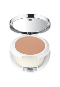 Poudre compacte dans un étui blanc avec un couvercle miroir. Contient une poudre beige et une éponge applicatrice blanche. Détail en métal argenté visible.