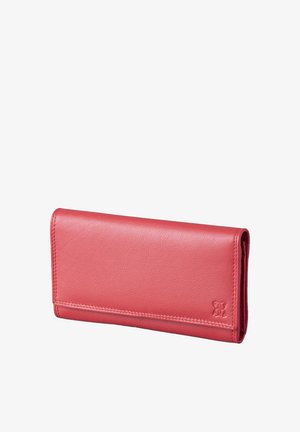 Compact rectangular wallet in textured red leather, featuring stitched edges and a subtle embossed logo on the bottom right corner.