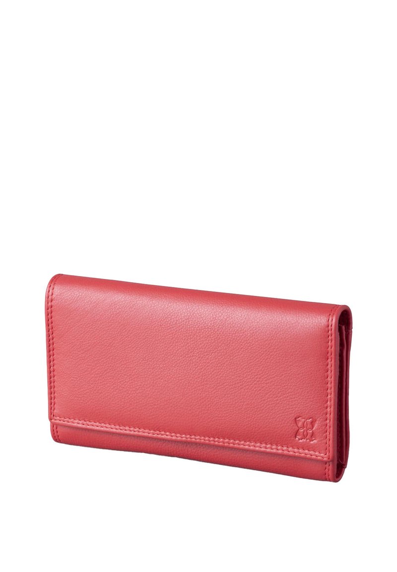 Compact rectangular wallet in textured red leather, featuring stitched edges and a subtle embossed logo on the bottom right corner.