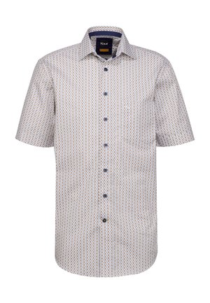Camicia a maniche corte con bottoni di colore bianco, caratterizzata da un motivo geometrico marrone e blu, con colletto strutturato e bottoni scuri.