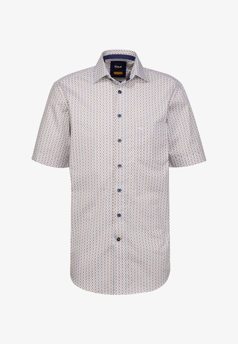 Camicia a maniche corte con bottoni di colore bianco, caratterizzata da un motivo geometrico marrone e blu, con colletto strutturato e bottoni scuri.
