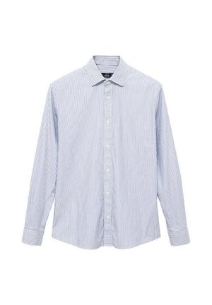 Camisa de botones a rayas en algodón de color azul claro y blanco. Presenta un cuello clásico, mangas largas y un dobladillo curvado. Botones en la parte delantera.