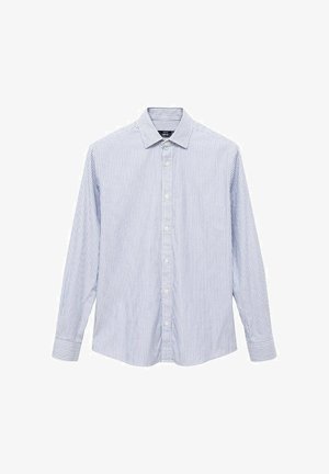 Gestreept button-up shirt in lichtblauw en wit katoen. Beschikt over een klassieke kraag, lange mouwen en een ronde zoom. Knopen aan de voorkant.