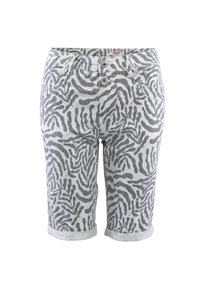 Grau-weiße gemusterte Shorts mit einem blättrigen Design, ausgestattet mit einem Fünf-Taschen-Stil und umgeschlagenen Säumen. Hergestellt aus strapazierfähigem Baumwollmaterial.