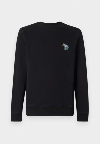 Felpa nera in cotone con collo a girocollo. Presenta un ricamo colorato di una zebra sul petto e polsini e orlo a coste.