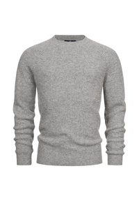 Grauer Rippstrickpullover mit rundem Halsausschnitt, langen Ärmeln und einer weichen Textur, entworfen für eine figurnahe Passform.