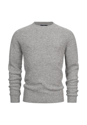 Szary, prążkowany sweter z okrągłym dekoltem, długimi rękawami i miękką fakturą, zaprojektowany na dopasowany krój.