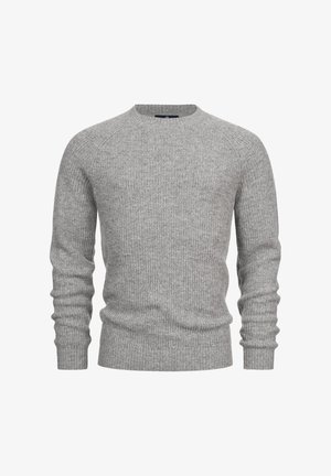Maglione grigio a coste con scollo rotondo, maniche lunghe e una consistenza morbida, progettato per un look aderente.