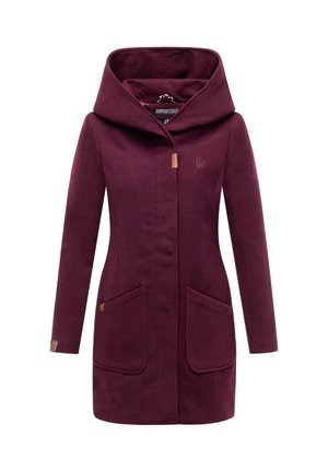 Long-sleeve maroon coat with large hood, front pockets, and concealed button closure, designed for women.