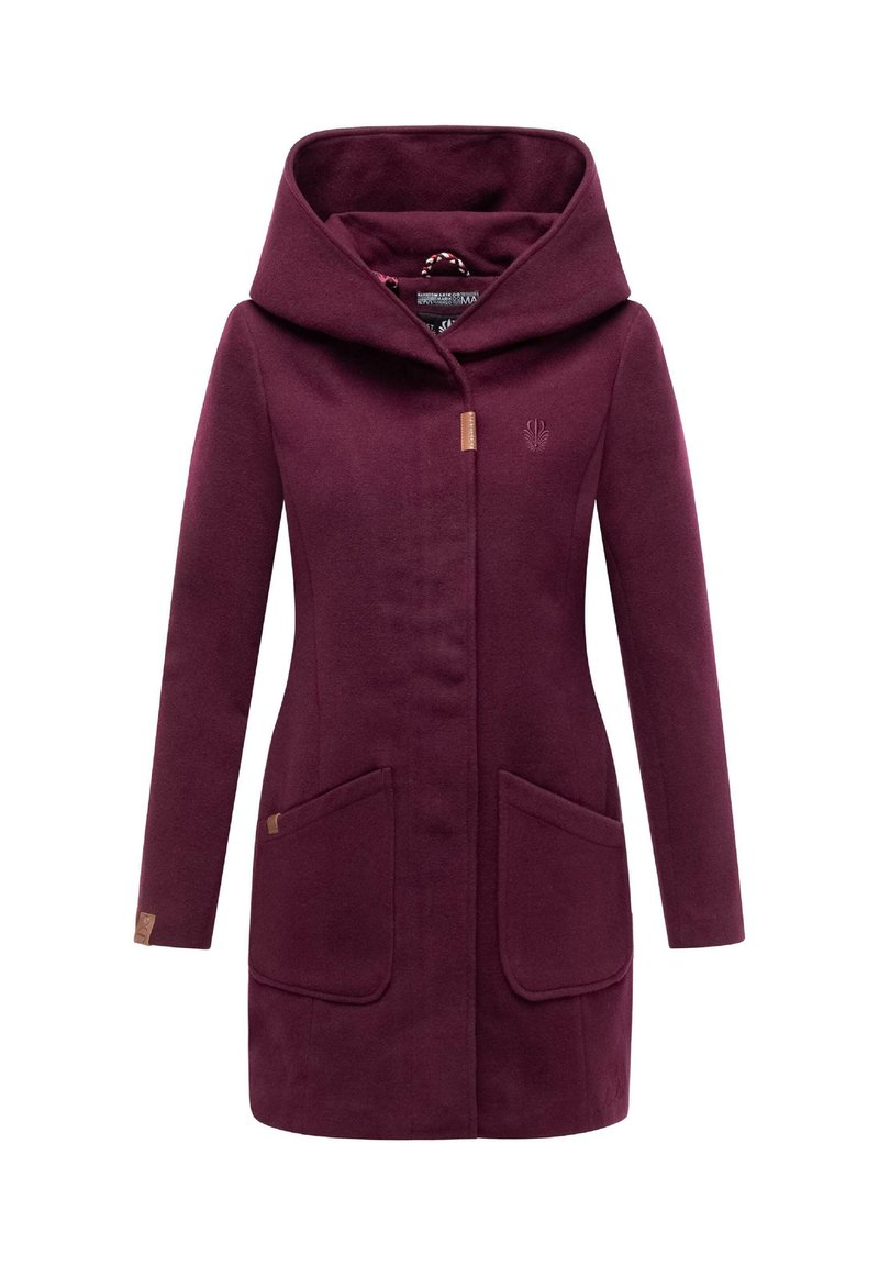 Manteau bordeaux à manches longues avec grande capuche, poches avant et fermeture éclair dissimulée, conçu pour les femmes.