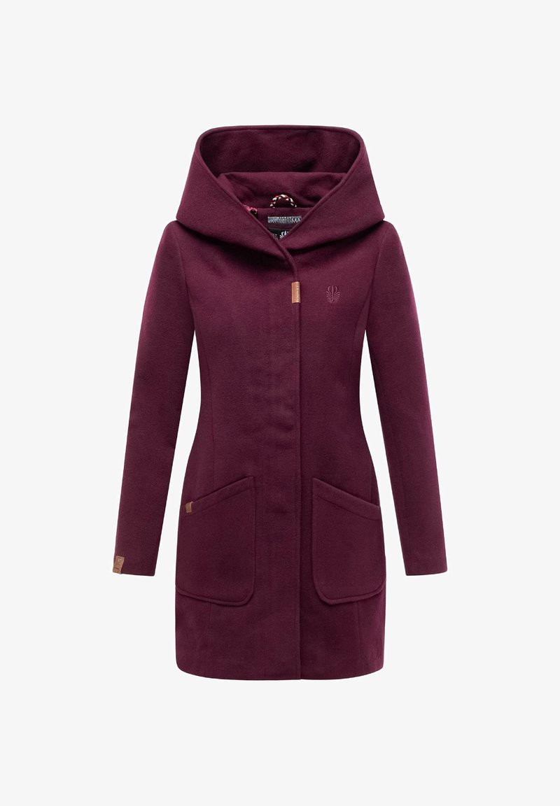 Manteau bordeaux à manches longues avec grande capuche, poches avant et fermeture éclair dissimulée, conçu pour les femmes.