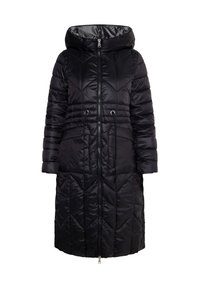 Fekete puffers Outerwear kapucnival, cipzáros záródással, rugalmas húzózsinórral a deréknál, és steppelt chevron mintával az egész felületen.