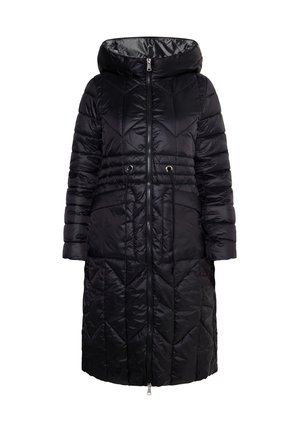 Fekete puffers Outerwear kapucnival, cipzáros záródással, rugalmas húzózsinórral a deréknál, és steppelt chevron mintával az egész felületen.